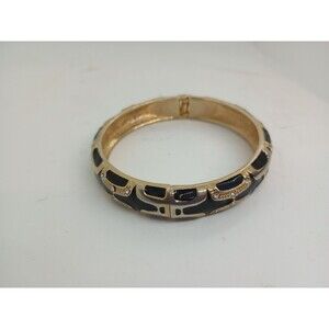 Bracelet Hinged Clamper Bangle Black Enamel Inlay Rhinestones Polished Gold Tone